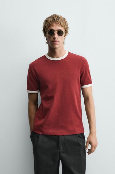 BASIC CONTRAST RIB T-SHIRT - Burgundy by Zara