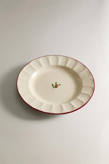 WAVY STONEWARE CHRISTMAS SIDE PLATE - White / Red by Zara - Image 1