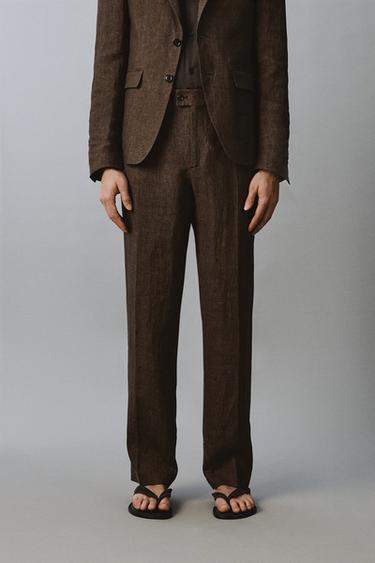 REGULAR FIT 100% LINEN SUIT TROUSERS - Dark brown by Zara