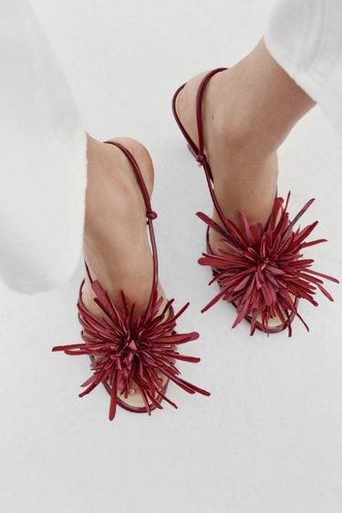 Zara FLOWER HEELED SANDALS - Burgundy Red - Image 0