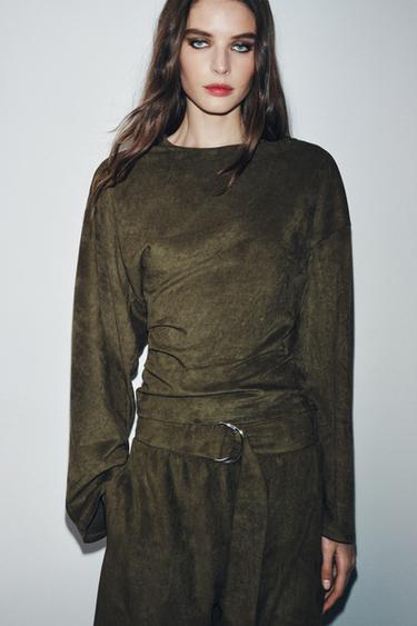 DRAPED FAUX SUEDE TOP - Khaki by Zara