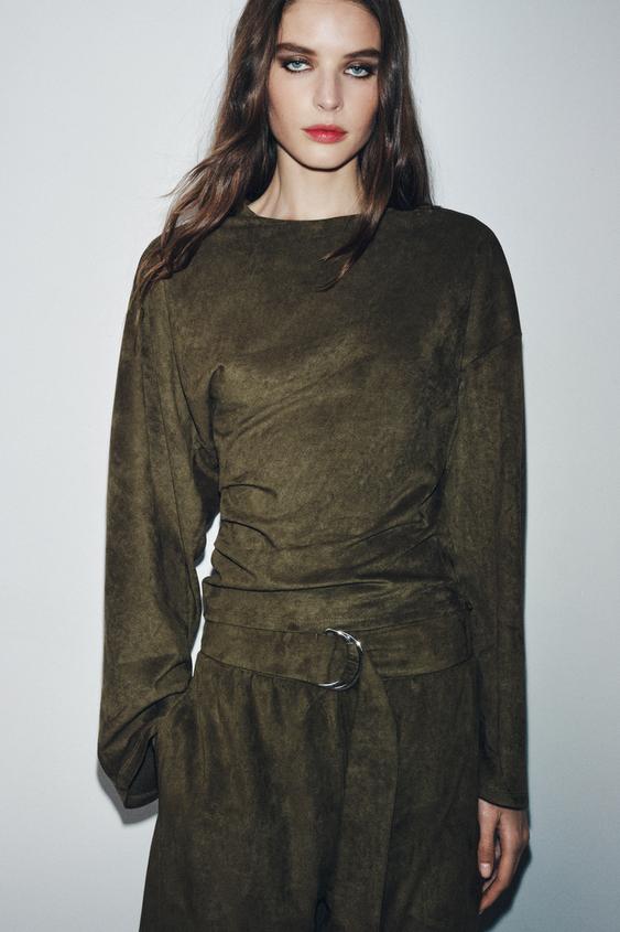 DRAPED FAUX SUEDE TOP