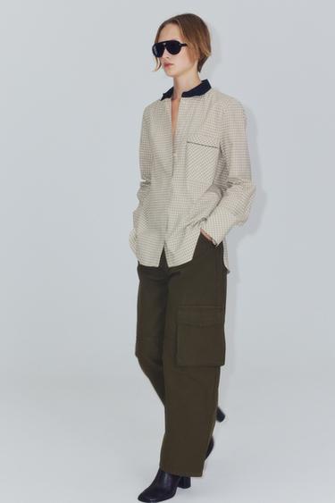 CAMISA A CUADROS CON CUELLO A CONTRASTE ZW COLLECTION - Crudo de Zara