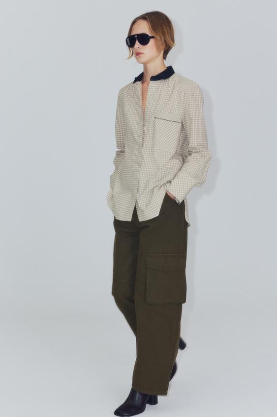 Zara ZW COLLECTION CONTRAST COLLAR CHECKED SHIRT - Ecru - Image 0
