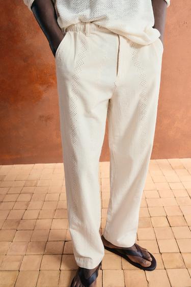 PANTALÓN ALGODÓN - LINO BORDADO TROQUELADO - Beige claro de Zara - Imagen 0