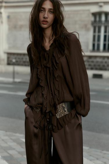 FLOWING SHIRT WITH RUFFLE TRIMS - Brown by Zara