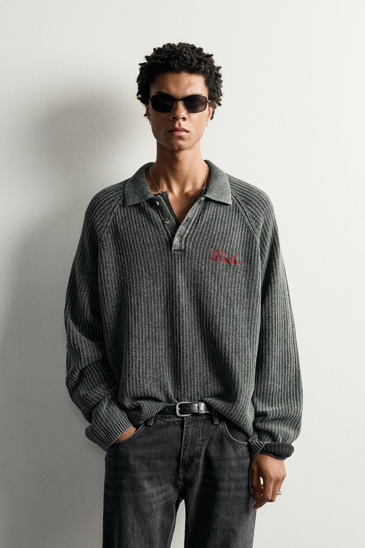 EMBROIDERED ZIP-UP KNIT POLO — Green