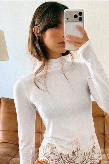 CAMISETA COMBINADA ENCAJE - Blanco roto de Zara