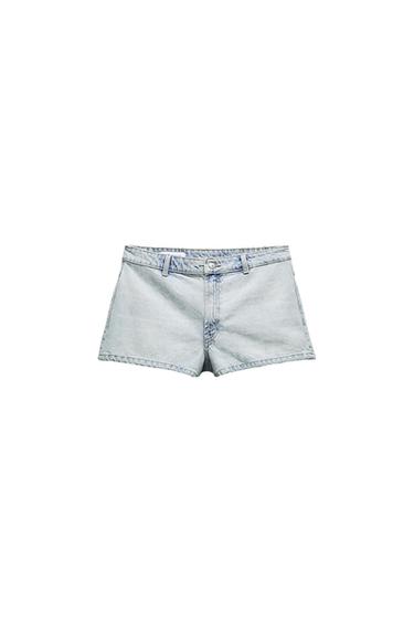 Light blue denim shorts with a button fastening and belt loops, on a plain white background.