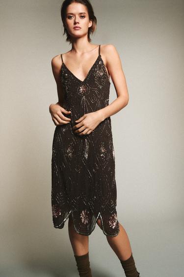 GEORGETTE SEQUIN BEAD DRESS - Brown by Zara