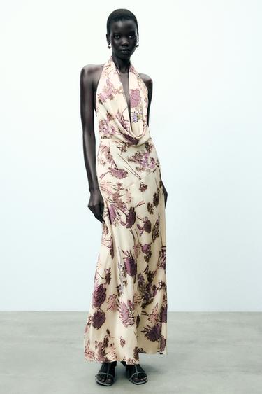 Zara PRINTED MIDI HALTER DRESS - Multicolored - Image 0
