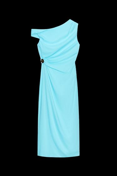 APPLIQUÉ ASYMMETRIC LINEN BLEND MIDI DRESS - Turquoise by Zara - Image 0