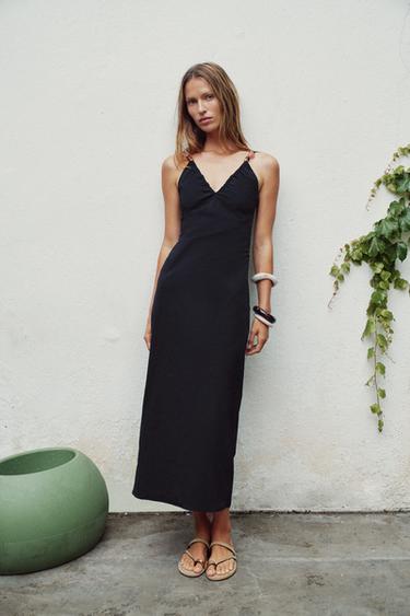 Zara 串珠修身中長版洋裝 - 黑色