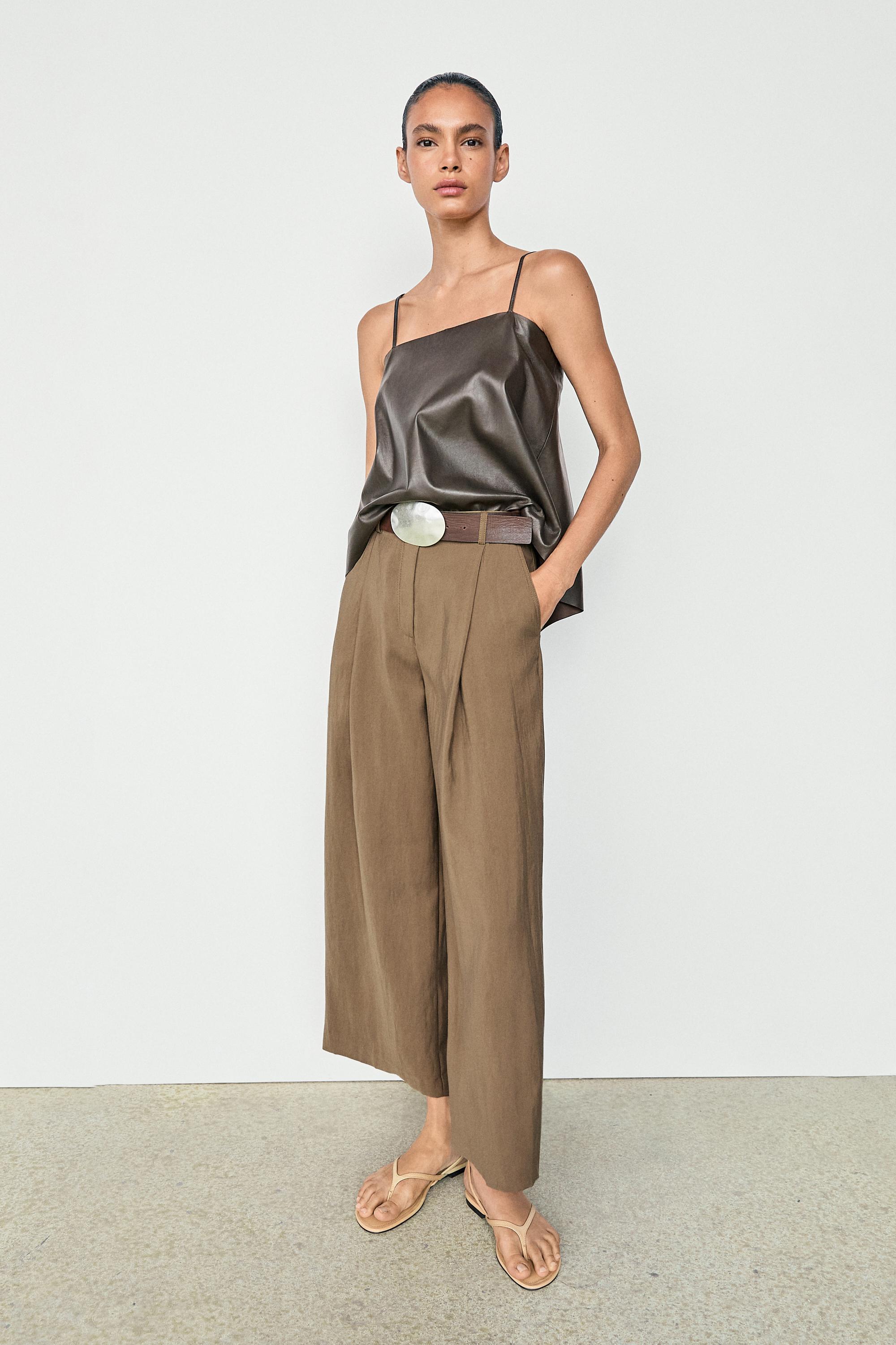Flowing cropped wide-leg pants — Mid khaki
