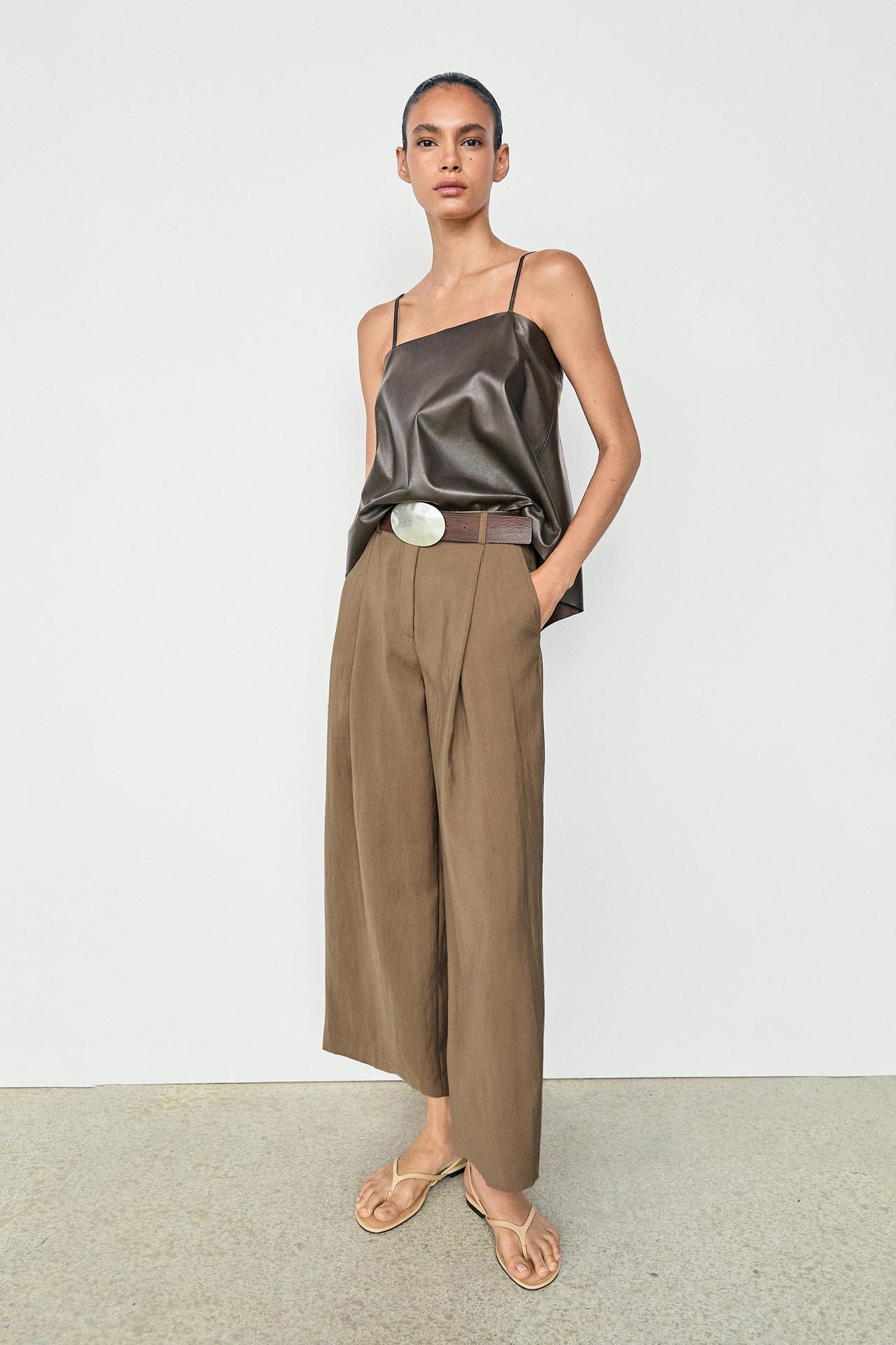 Flowing cropped wide-leg pants — Mid khaki