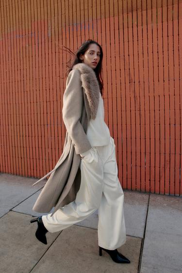 WOOL COAT WITH FAUX FUR LAPEL AND BELT - Light mink by Zara