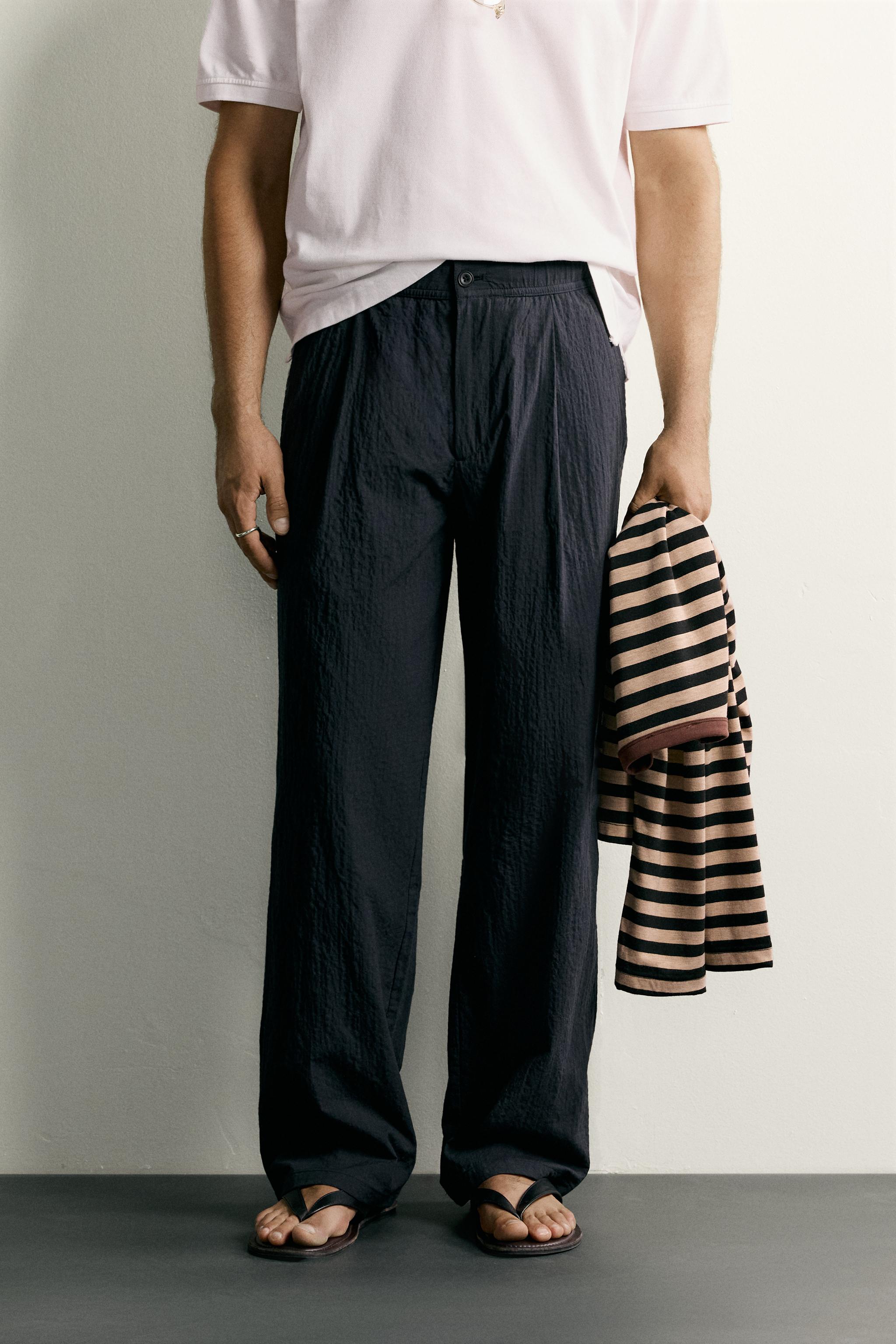 STRAIGHT FIT SEERSUCKER PANTS — Navy blue