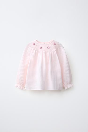 EMBROIDERED FLORAL TEXTURED BLOUSE — Pastel pink 1