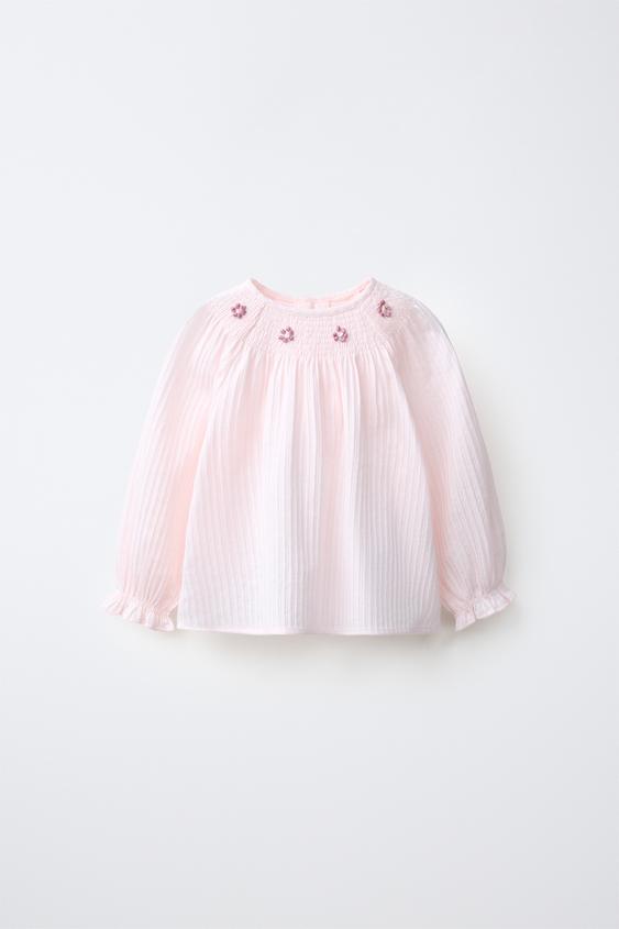 BLOUSE MET GEBORDUURDE BLOEMENSTRUCTUUR - PASTELROZE van Zara - Afbeelding 0