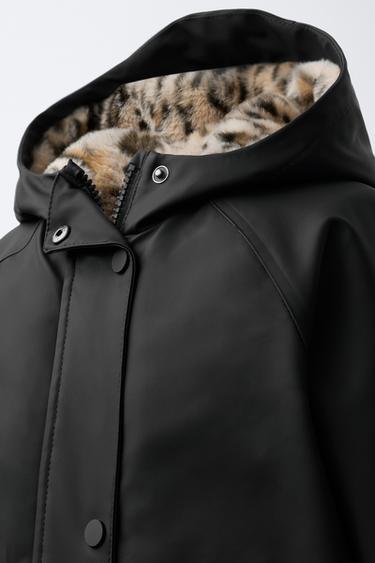 WATER-REPELLENT COATED JACKET WITH FAUX FUR ANIMAL PRINT - Black by Zara - Image 4