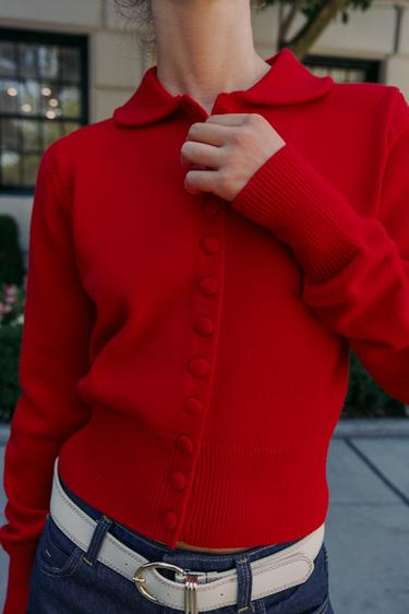 GILET EN MAILLE COL CLAUDINE - Rouge de Zara - Image 3