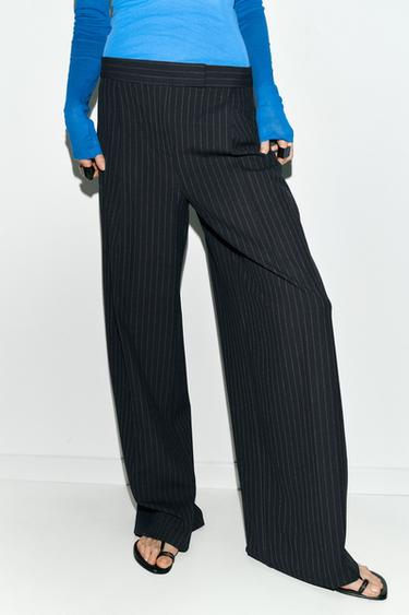 PANTALON LARGE À PINCES RAYURES - Bleu marine de Zara - Image 1