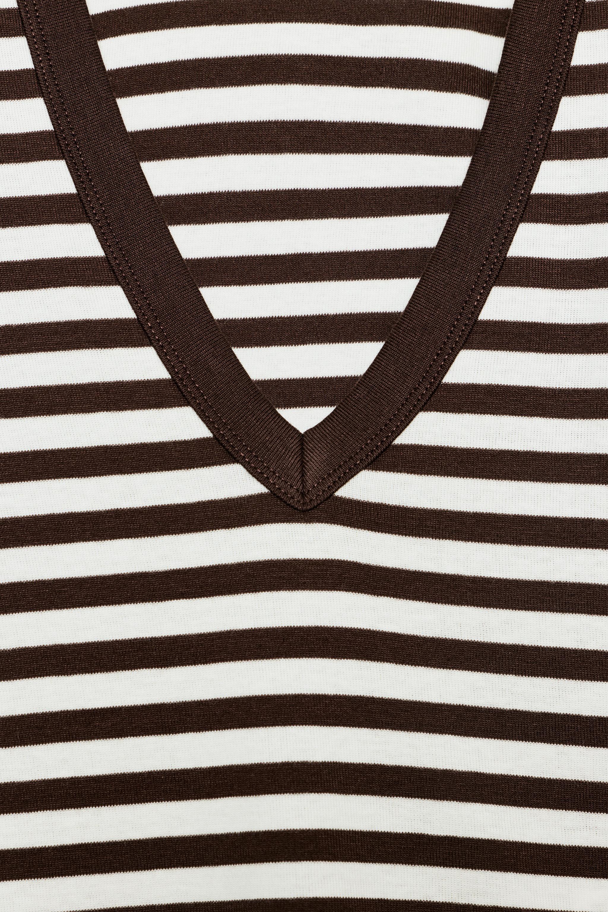 V YAKA ÇİZGİLİ KOTON T-SHIRT - Görsel 6