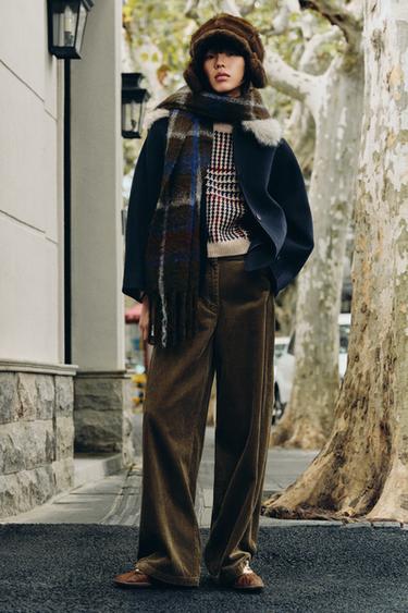 Zara ZW 系列燈芯絨寬管長褲 - 橄欖綠