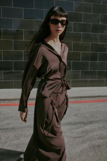 Zara BELTED SATIN EFFECT BLOUSE - Brown