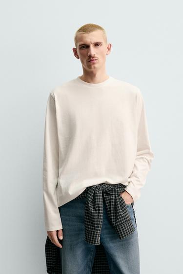 MEDIUM WEIGHT LONG SLEEVE T-SHIRT - Oyster-white by Zara