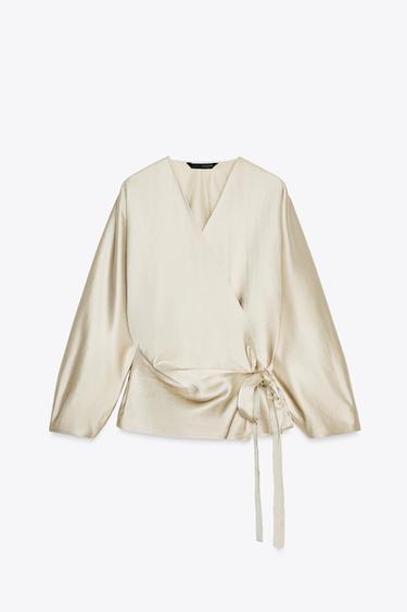 WRAP BLOUSE WITH BOW IN LINEN ZW COLLECTION - Beige by Zara - Image 4