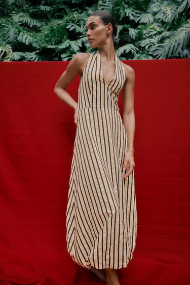 ЖОЛАҚТЫ МИДИ ҮРМЕ КӨЙЛЕК - Экру / Қара Zara компаниясынан - Сурет 0