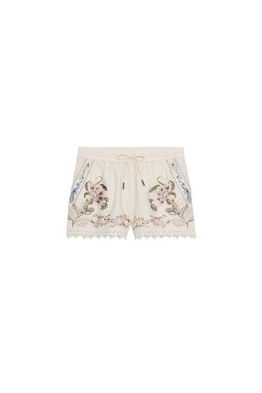 Zara EMBROIDERED LINEN BLEND SHORTS ZW COLLECTION - Ecru