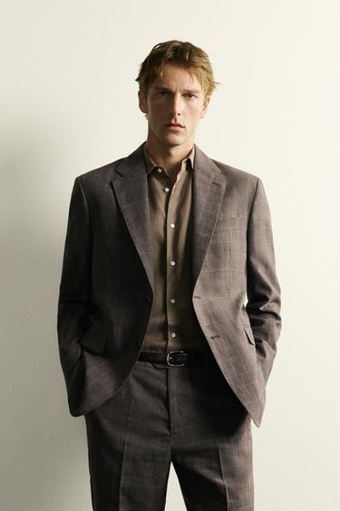 VESTE DE COSTUME À CARREAUX 100 % LIN ET LAINE - Marron de Zara