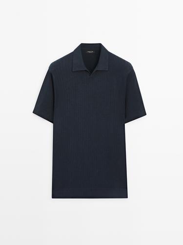Pull polo en maille de coton mélangé à col en V - Bleu marine de Zara