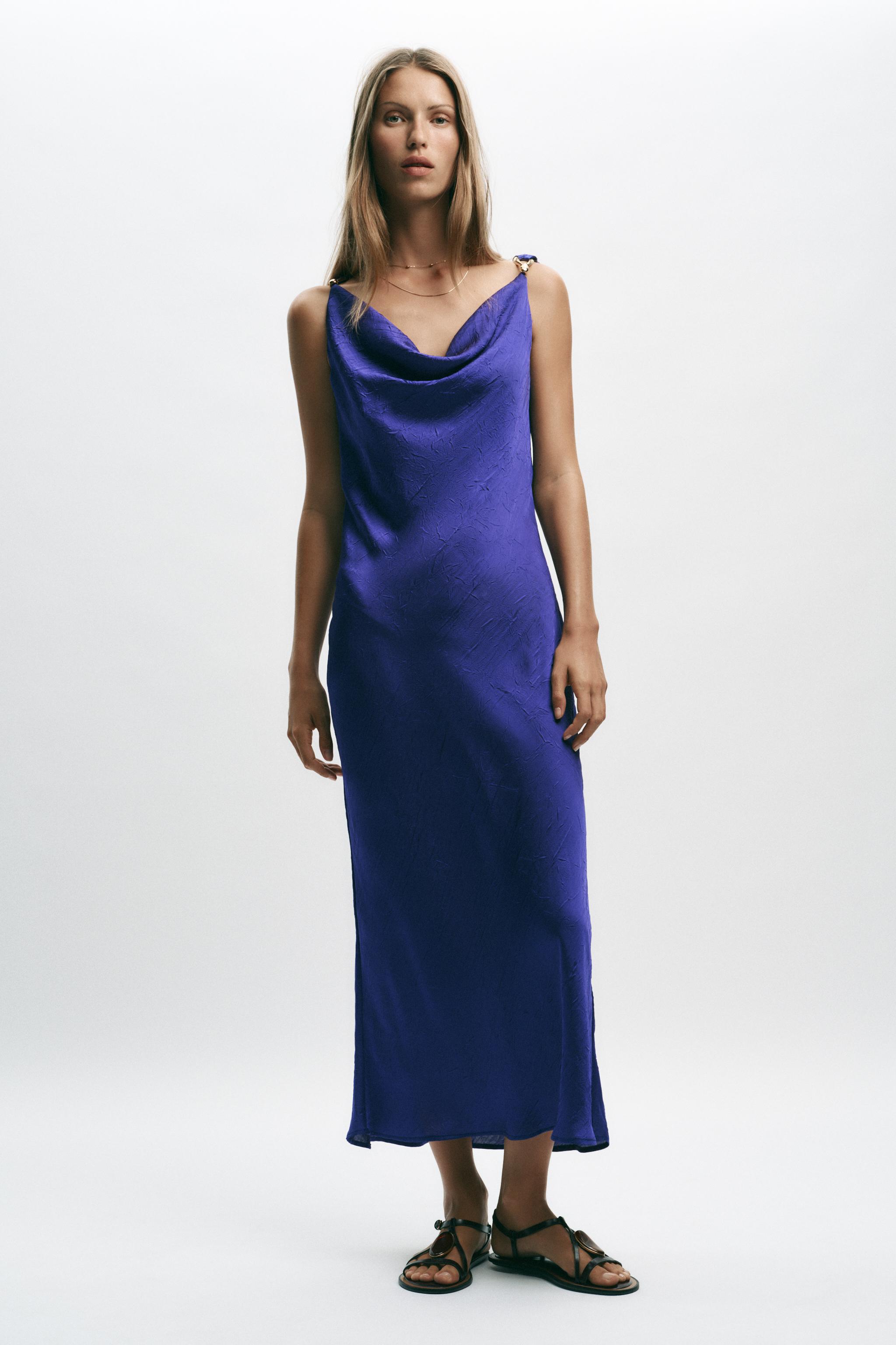 blue satin dress zara Zara Woman's Blue Satin Mini Dress With Belt Short SS22 NWT 8342/427/400