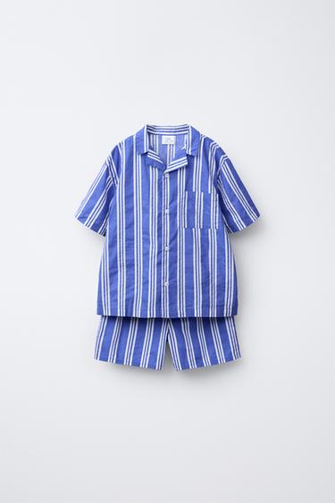 6-14 AÑOS/ PIJAMA CAMISA Y BERMUDA RAYAS - Azul de Zara