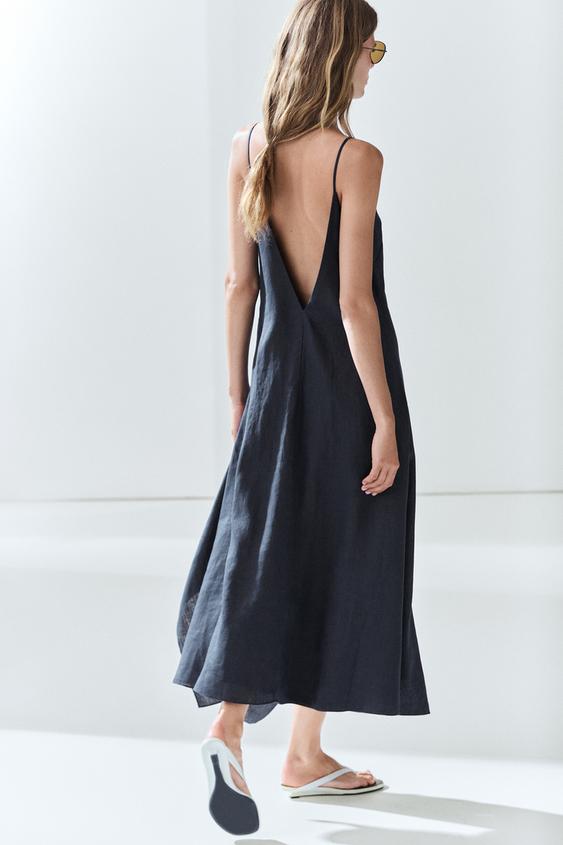100% linen asymmetric midi dress - Blue