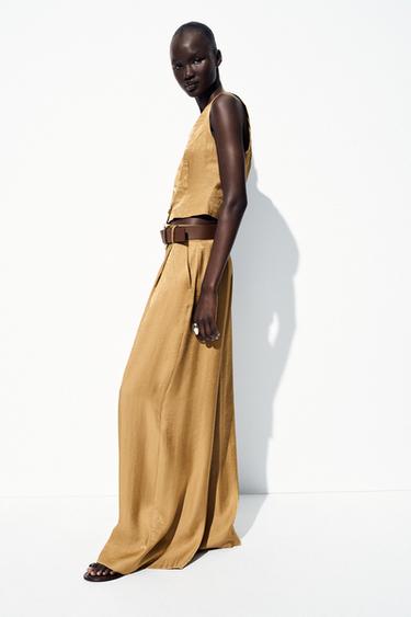 PANTALON LARGE SATINÉ CEINTURE - Doré de Zara - Image 2