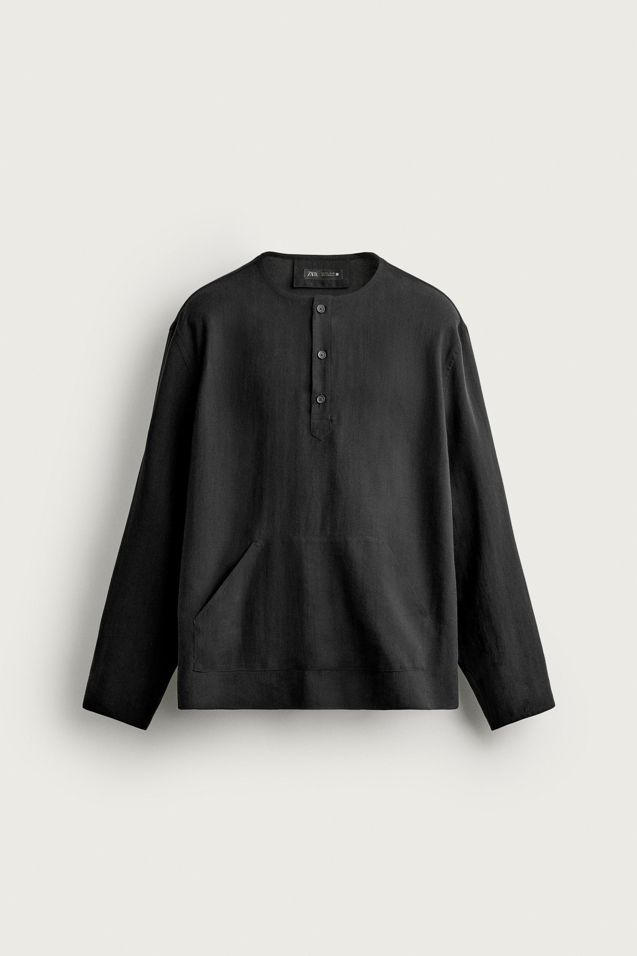 HENLEY NECK SHIRT WITH POCKETS — Black