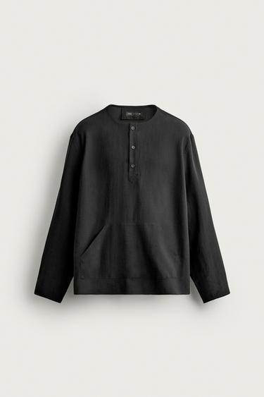 Zara HENLEY POLO SHIRT WITH POCKETS - Black
