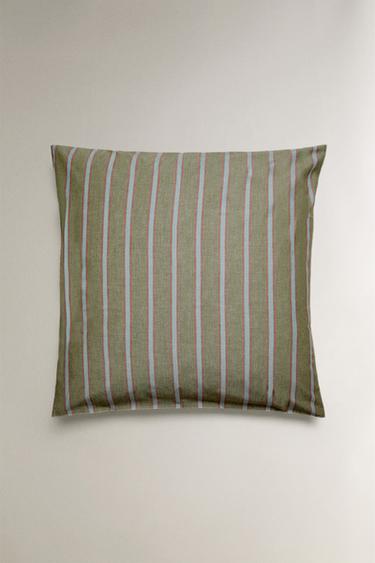 TAIE D’OREILLER PERCALE DE COTON RAYURES (300 FILS) - Vert de Zara - Image 1