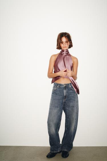 Zara TRF MID-RISE BAGGY BALLOON JEANS - Blue
