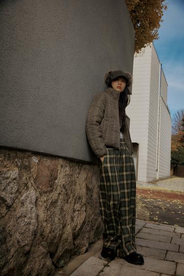 CHECK WIDE-LEG TROUSERS WITH WOOL ZW COLLECTION - Dark brown by Zara