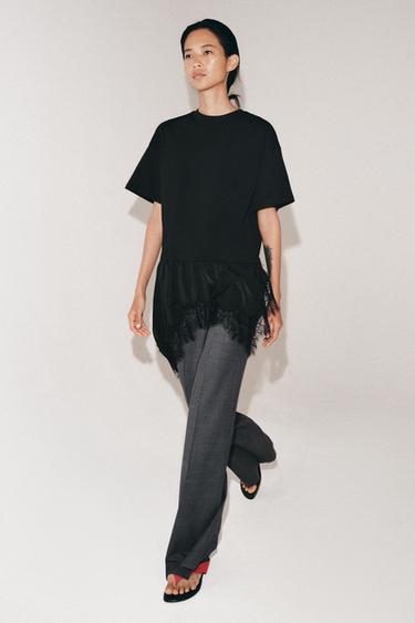 Zara COMBINATION LACE T-SHIRT - Black