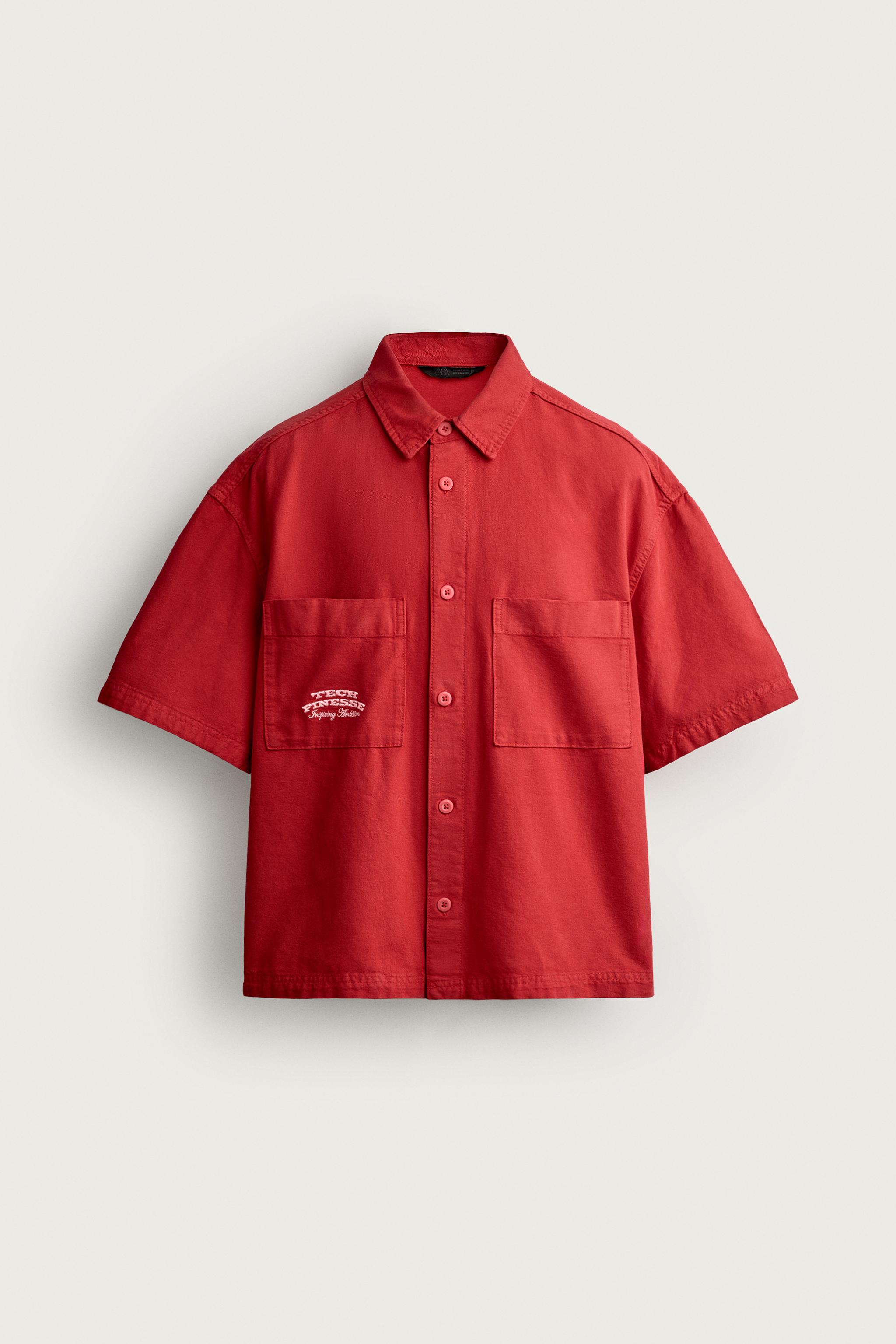 CONTRAST TEXT RELAXED FIT SHIRT — Red