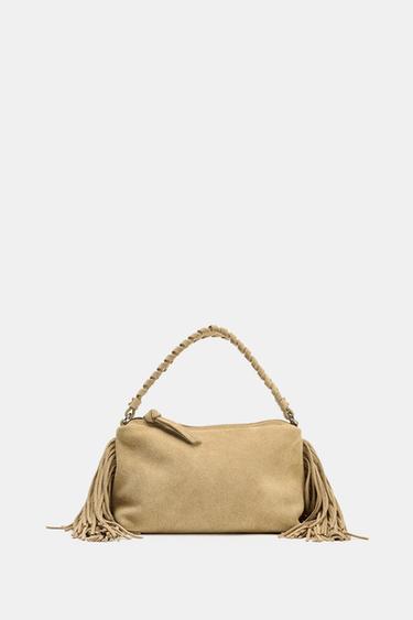 BOLSOS PIEL SERRAJE MINI BANDOLERA CON FLECOS - ARENA/MARRÓN de Zara