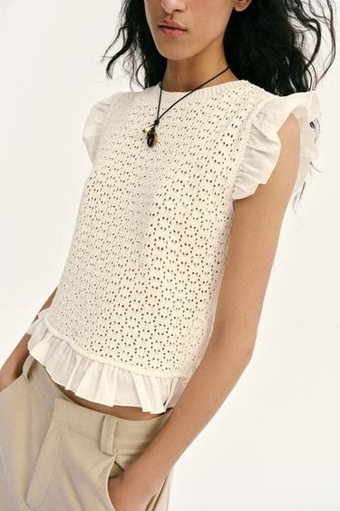TOP EN MAILLE ET POINTELLE - Écru de Zara - Image 4