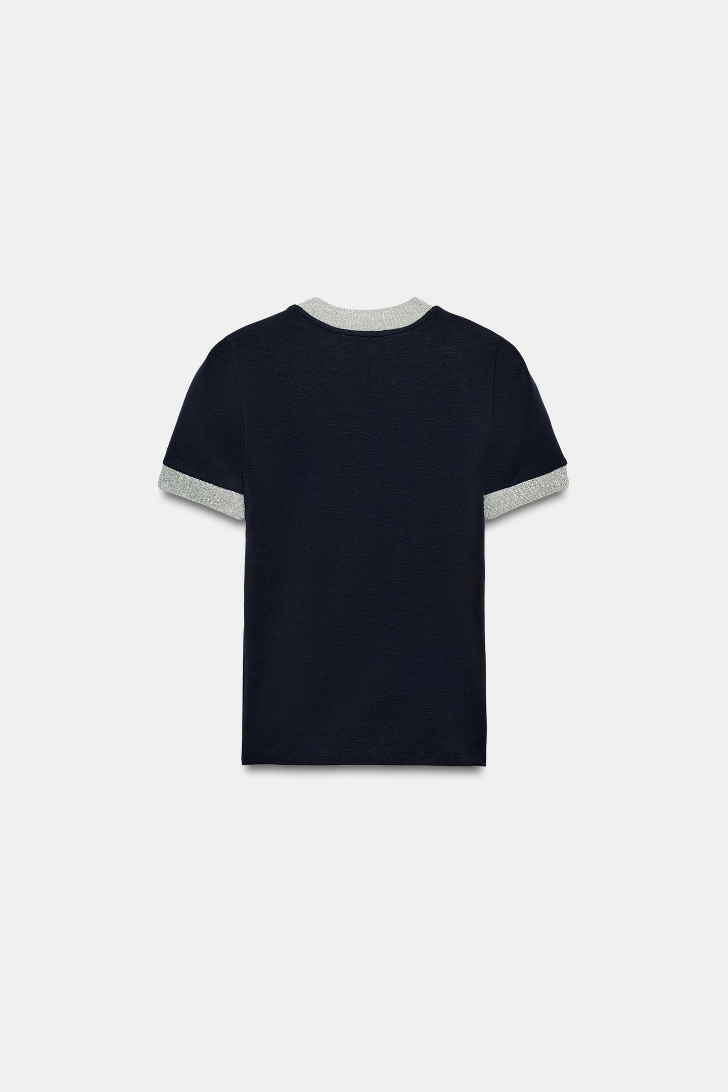 Женская футболка Zara Contrast Rib, цвет: Синий / Чёрный — фото 7