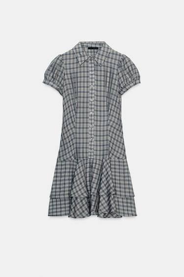 Zara 荷葉邊格紋短版洋裝 - 灰色